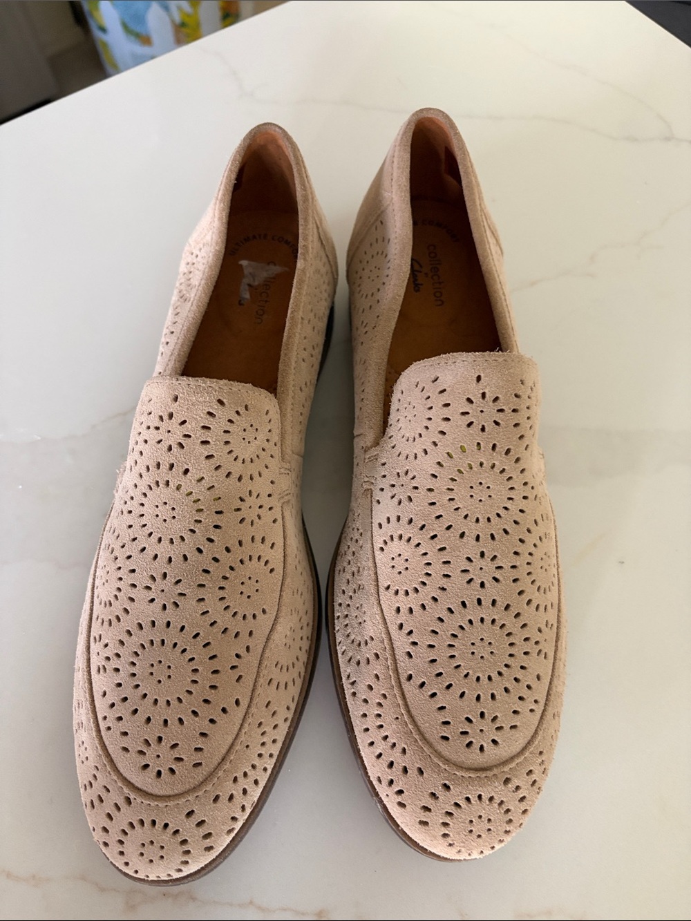 Clarks Beige Suede Perforated Slip-On Loafers